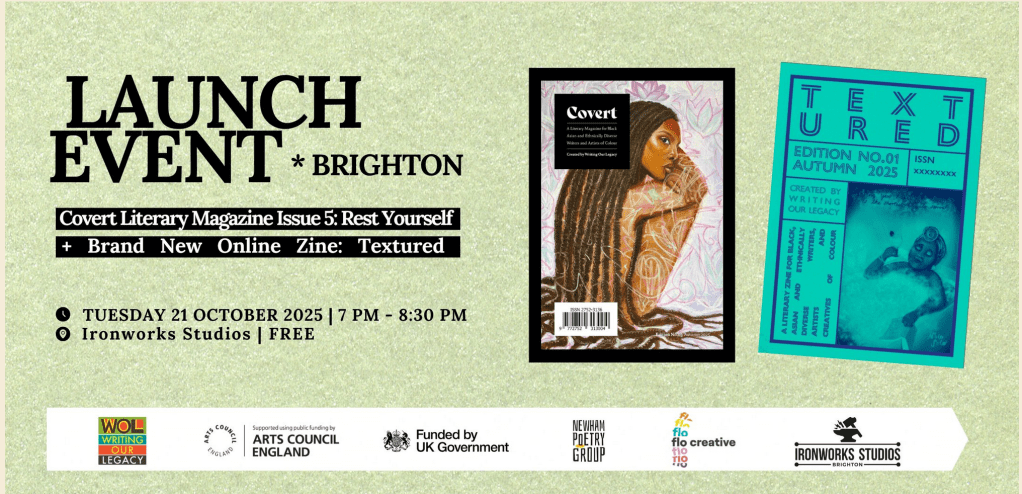 Launch Event Flyer for Covert Literary Magazine Issue 5. Has two pictures - one the cover of the magazine and the other the cover of a zine. List of sponsors on the flyer.