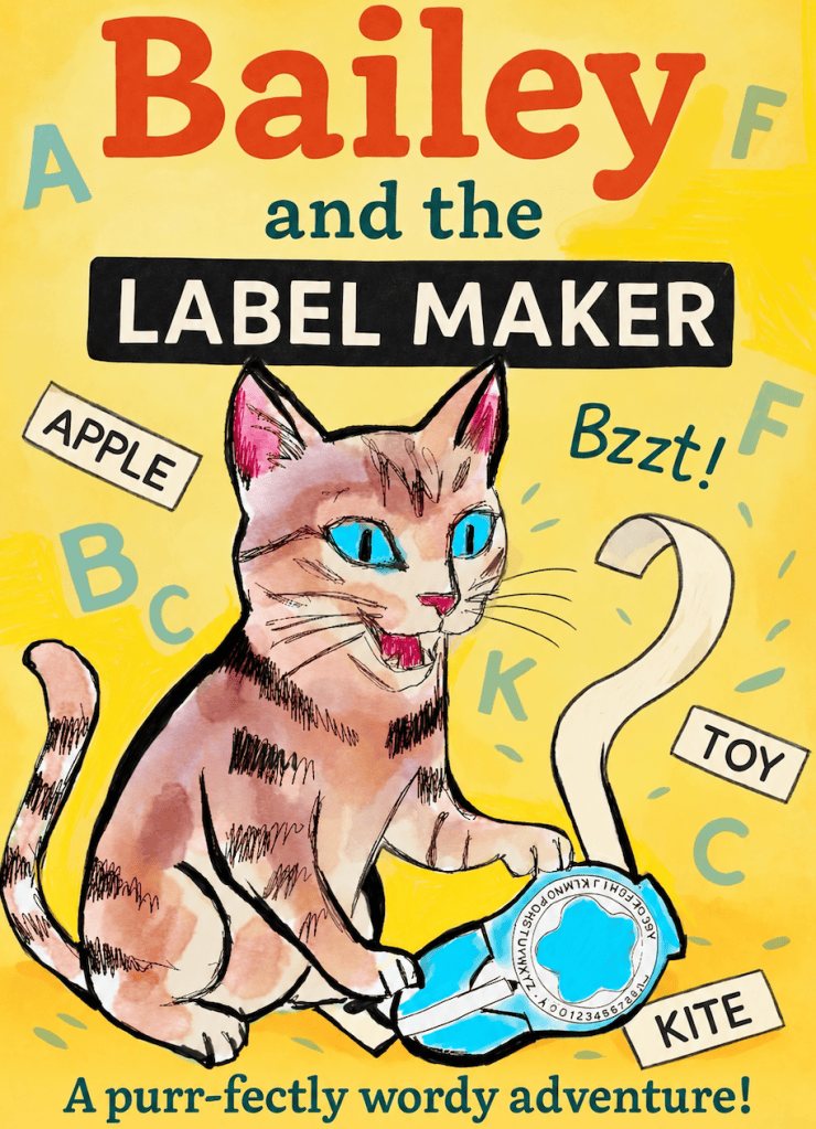 Book cover featuring a playful cat named Bailey with blue eyes, holding a label maker, surrounded by letters and words like 'apple', 'toy', and 'kite'. The background is bright yellow with the title 'Bailey and the Label Maker'.